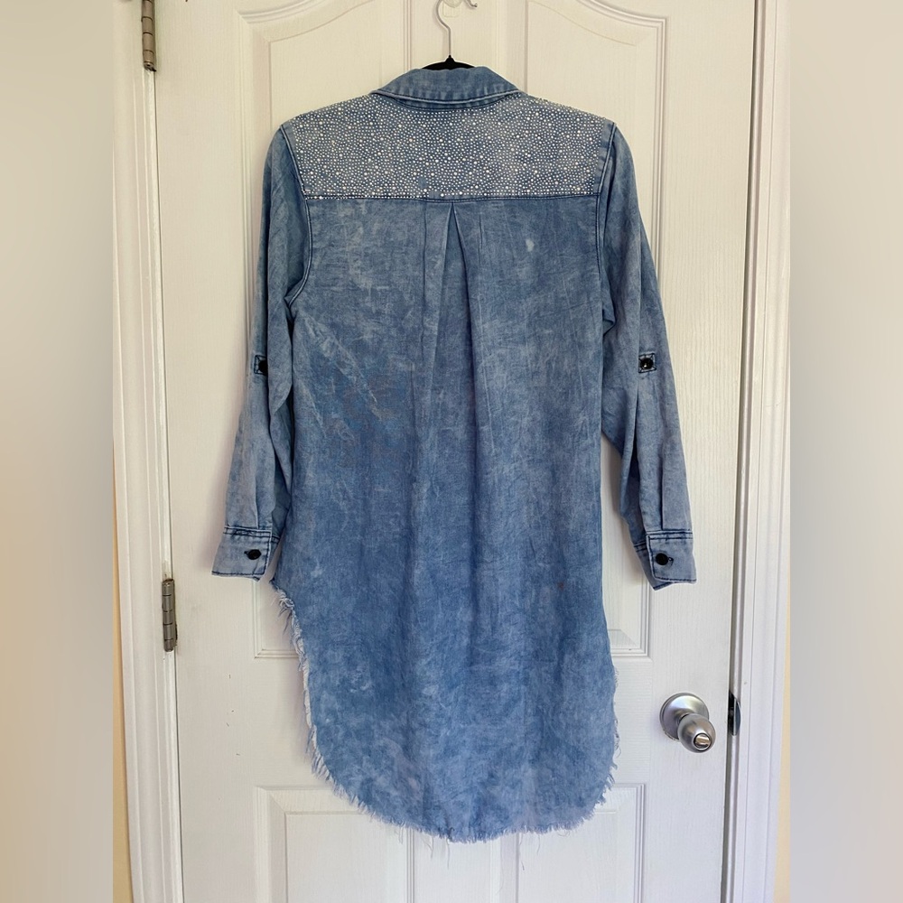 KROIX Cotton Rhinestones Details Raw Hem Hi Lo Denim Button-Up Shirt Dress Sz M - Picture 13 of 17